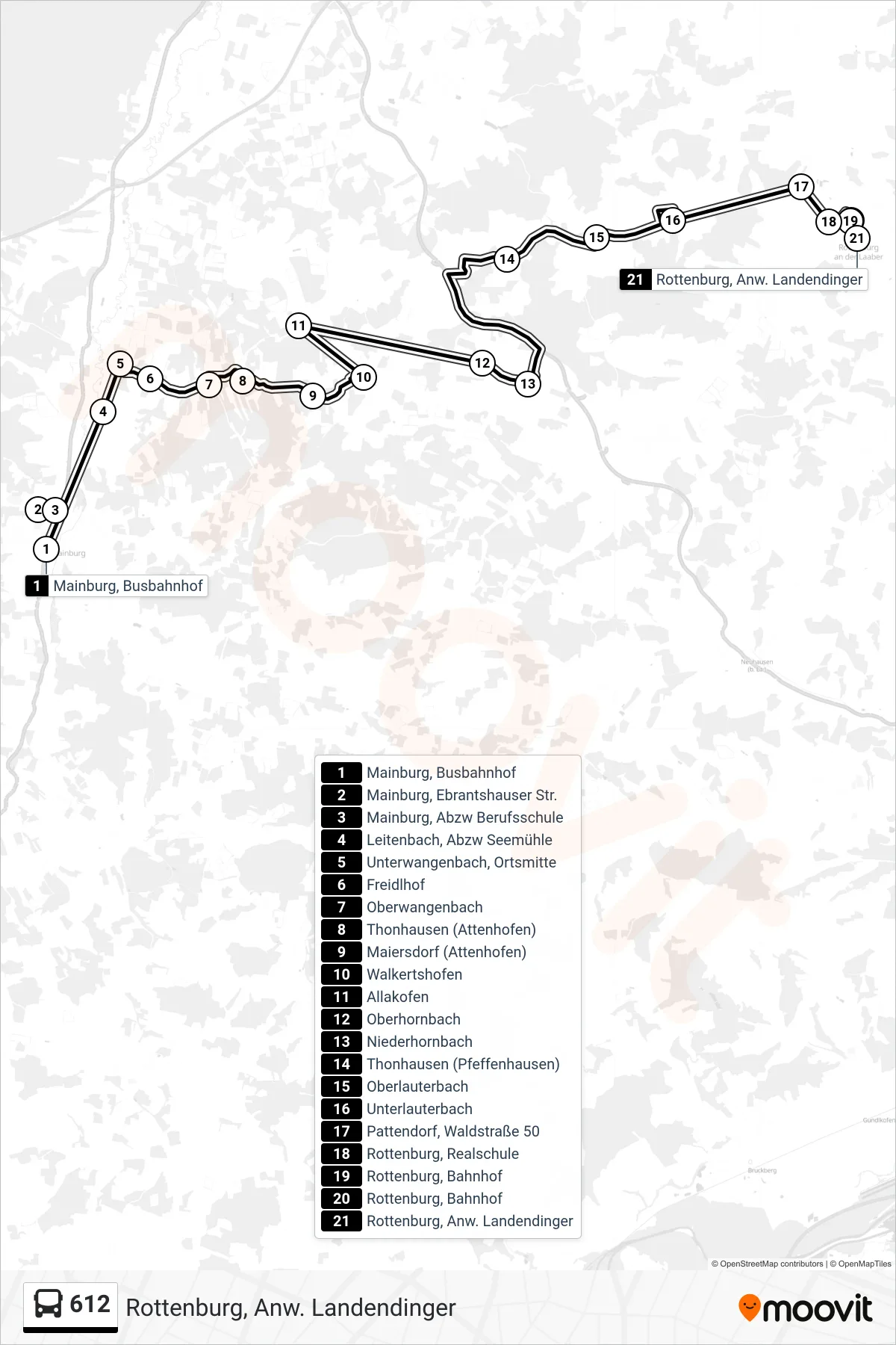 Linie 612 (Bus) Richtung Rottenburg, Anw. Landendinger: Route und Haltestellen auf der Karte