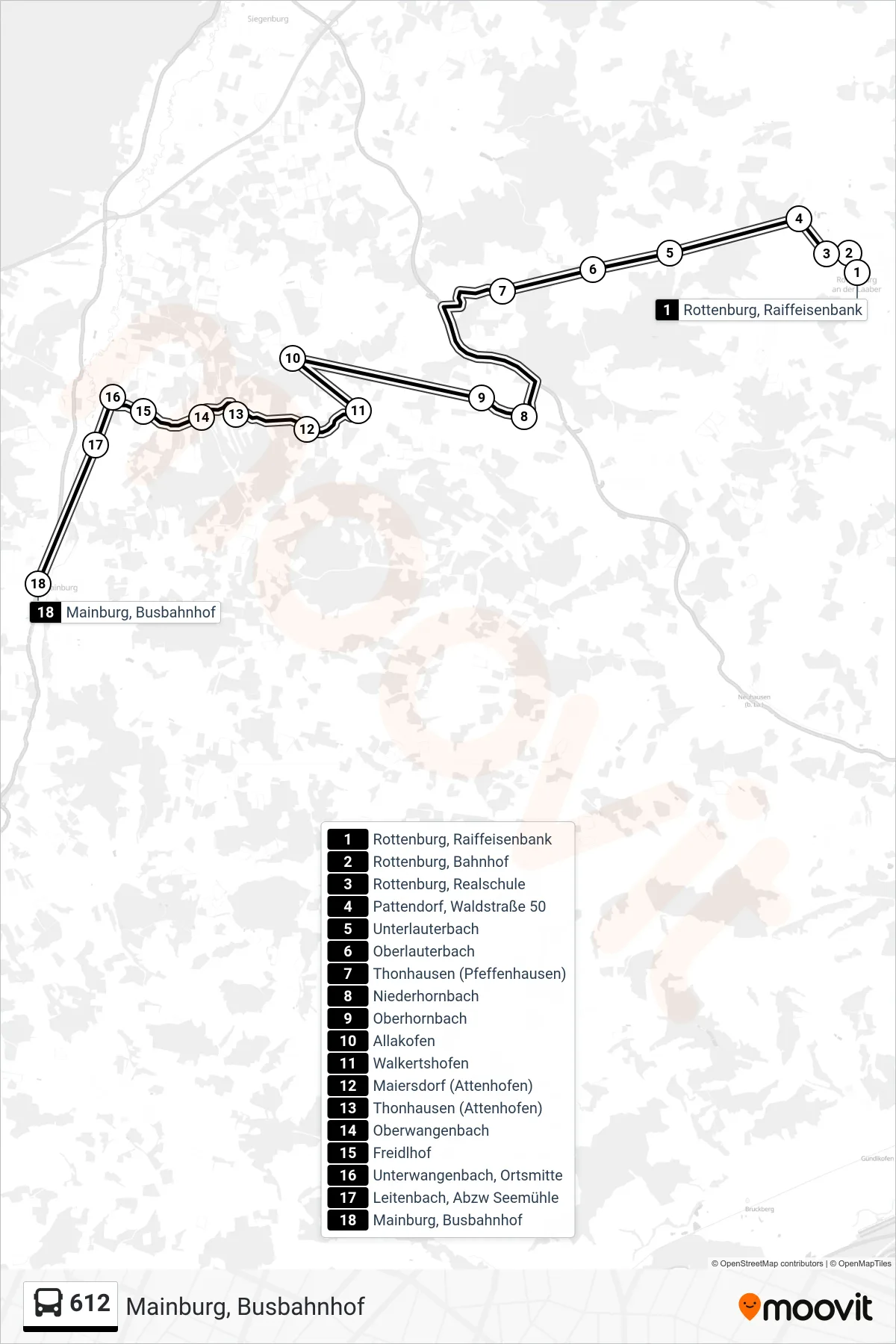 612 bus Line (Mainburg, Busbahnhof) route and stops on a map