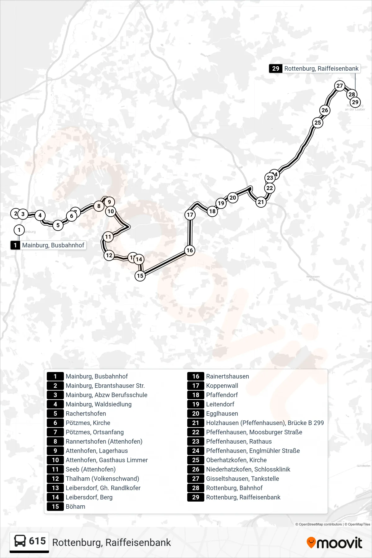 615 bus Line (Rottenburg, Raiffeisenbank) route and stops on a map