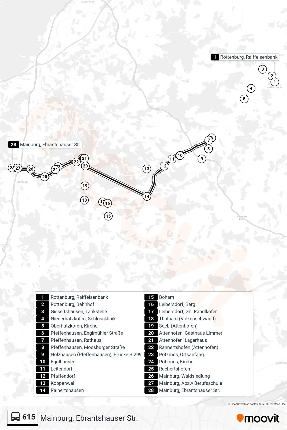 615 bus Line (Mainburg, Ebrantshauser Str.) route and stops on a map