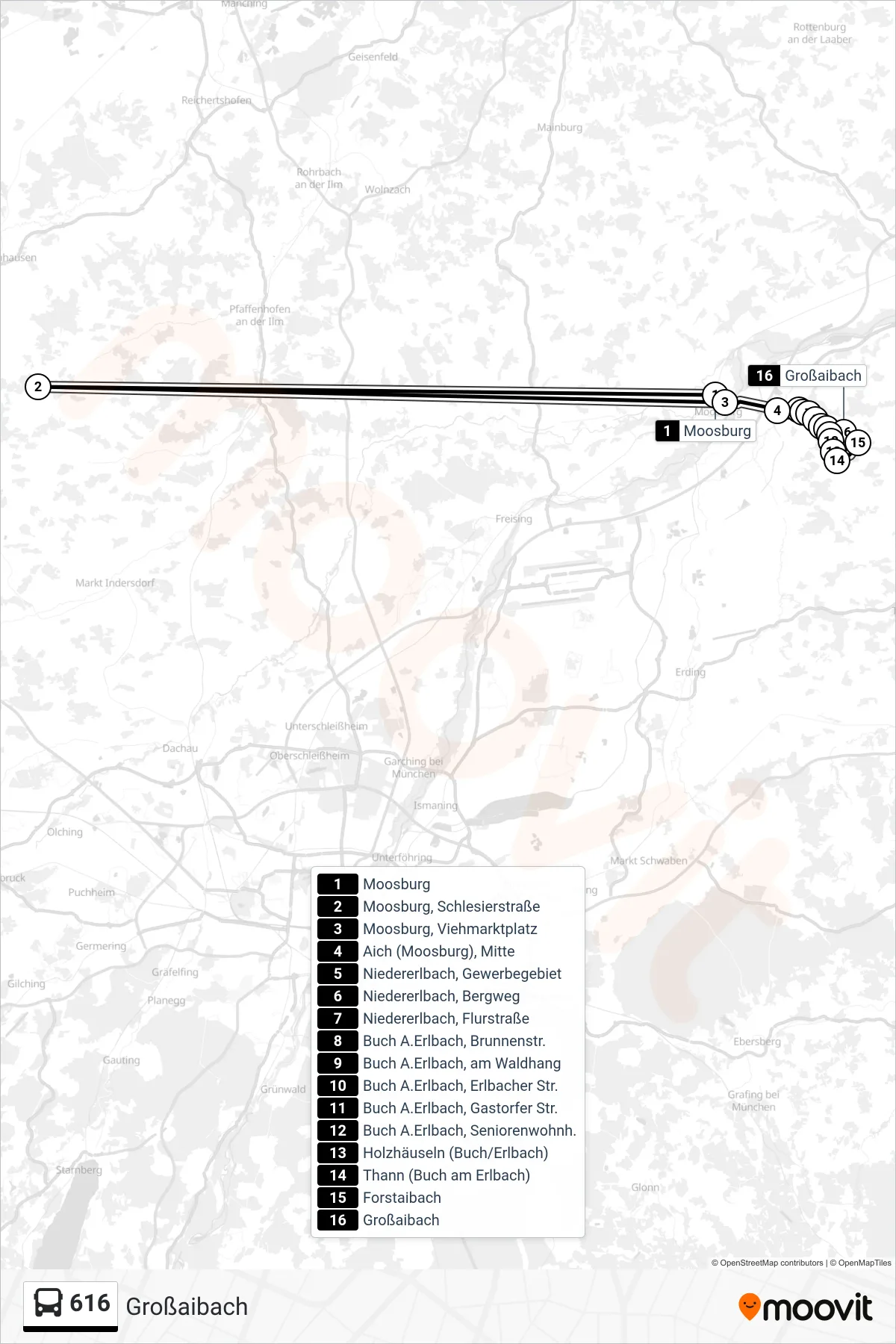 616 bus Line (Großaibach) route and stops on a map