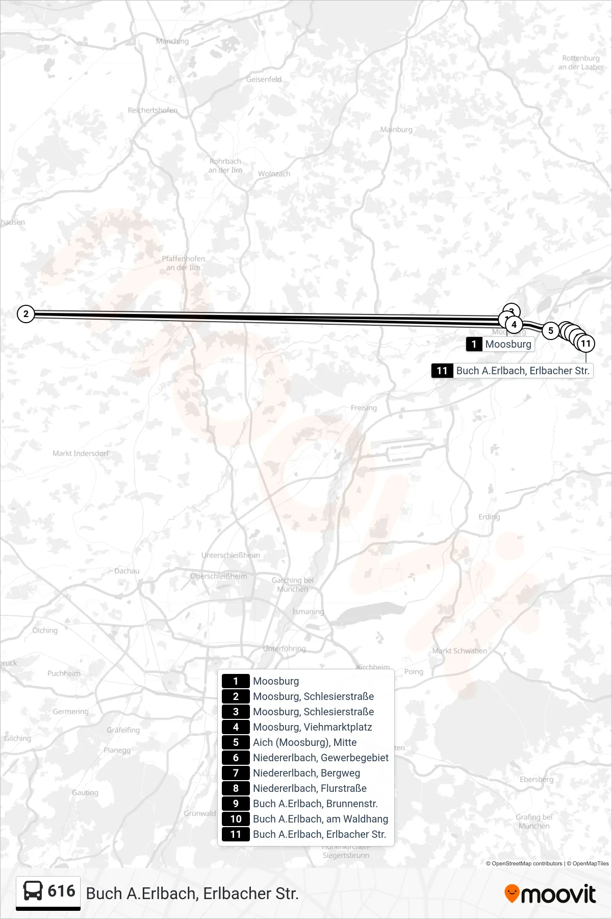 616 bus Line (Buch A.Erlbach, Erlbacher Str.) route and stops on a map
