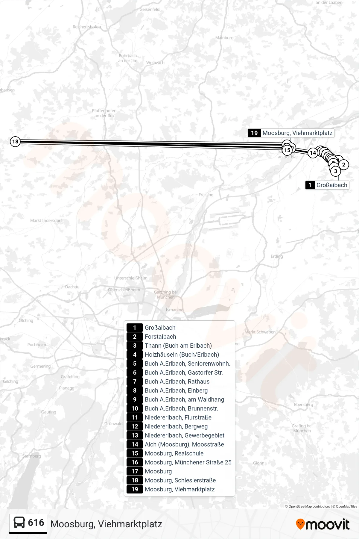 Linie 616 (Bus) Richtung Moosburg, Viehmarktplatz: Route und Haltestellen auf der Karte