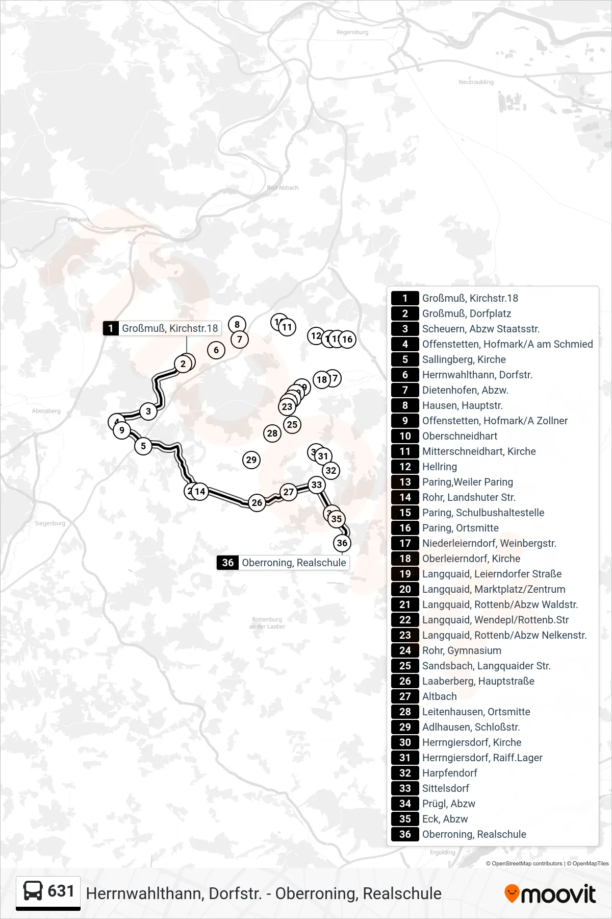 631 bus Line (Oberroning, Realschule) route and stops on a map