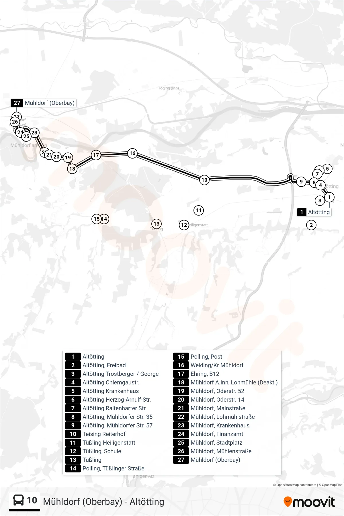 10 bus Line (Mühldorf A.Inn, Bf. (Gegenüber)) route and stops on a map