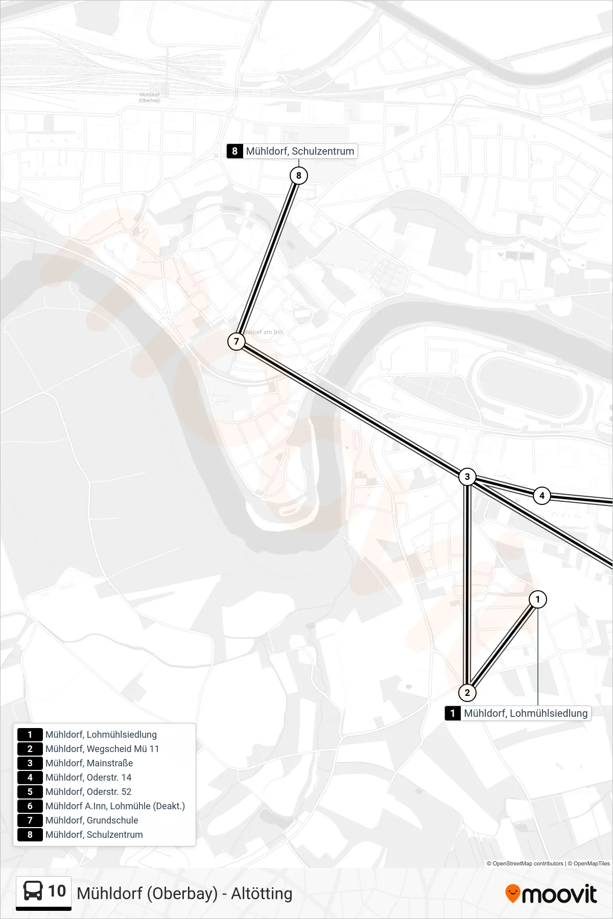 10 bus Line (Mühldorf A.Inn, Schulzentrum) route and stops on a map
