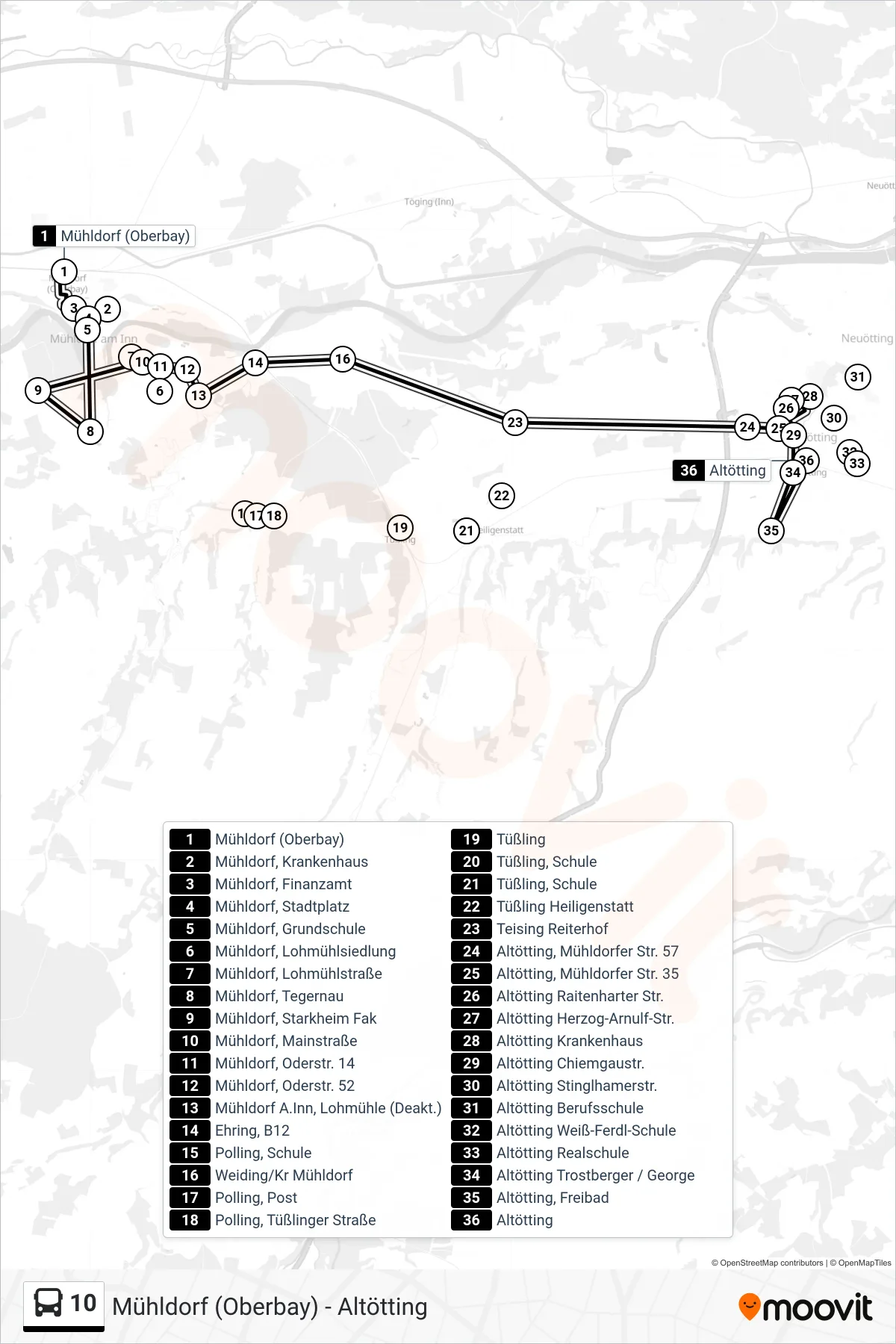 Linie 10 (Bus) Richtung Altötting, Bf. (Zob): Route und Haltestellen auf der Karte