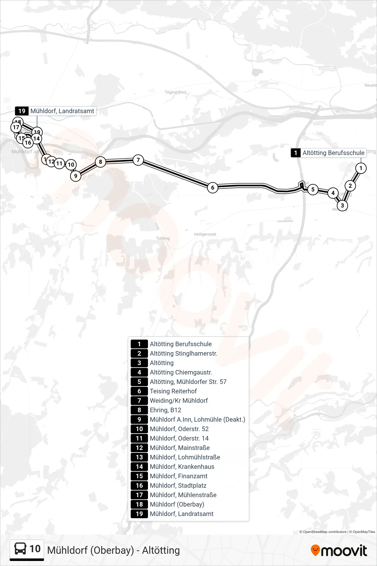10 bus Line (Mühldorf A.Inn, Landratsamt) route and stops on a map
