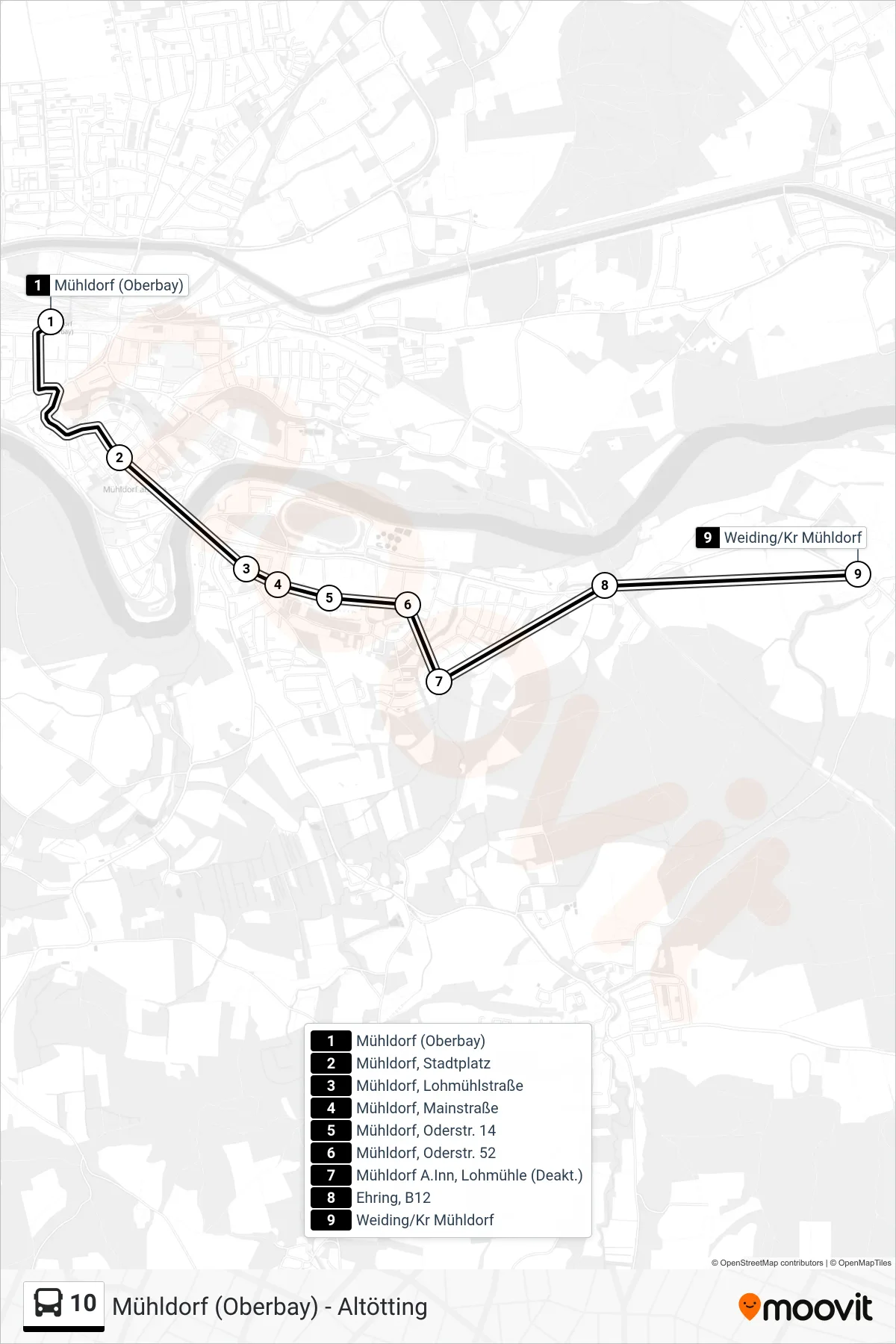 10 bus Line (Weiding) route and stops on a map