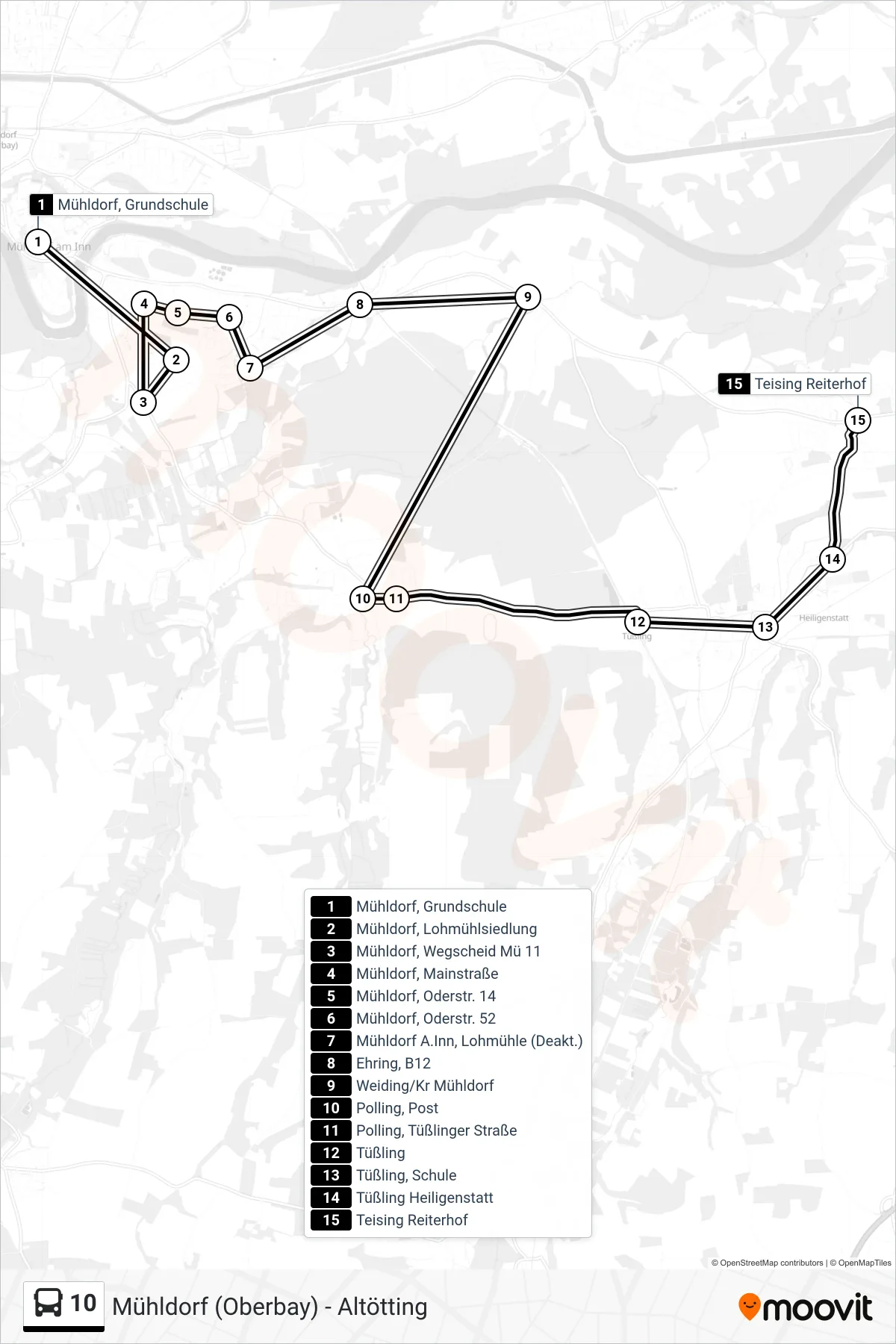 10 bus Line (Teising, Reiterhof) route and stops on a map