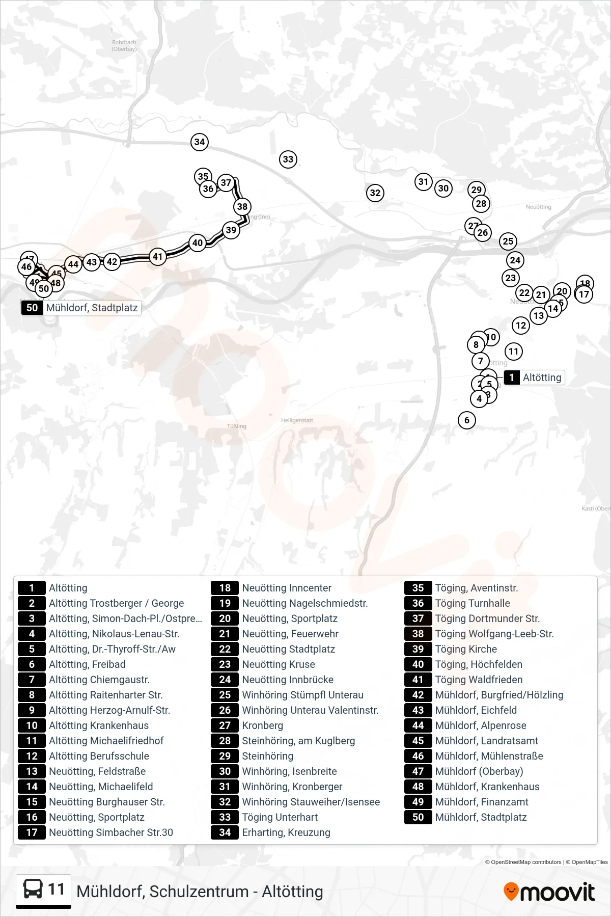 11 bus Line (Mühldorf A.Inn, Stadtplatz) route and stops on a map