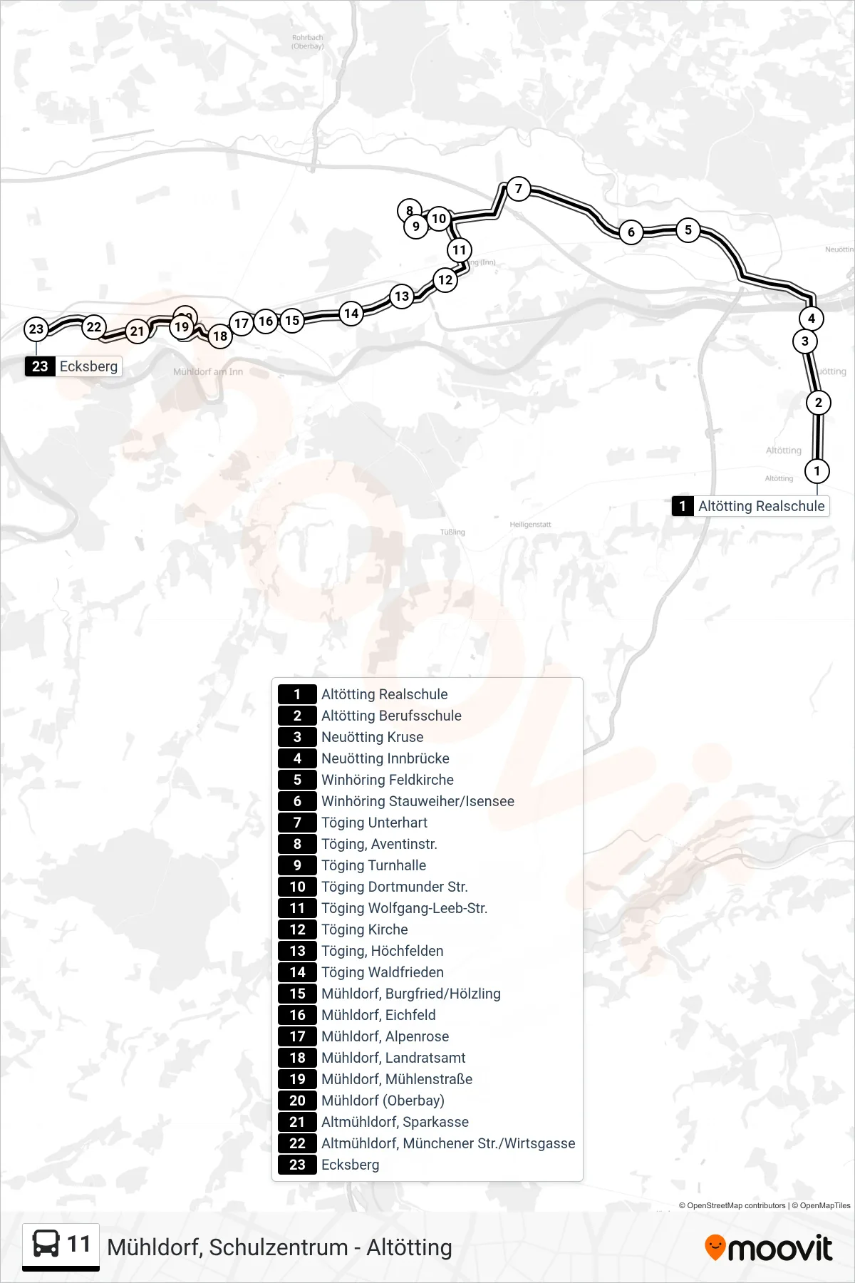 11 bus Line (Altmühldorf, Ecksberg) route and stops on a map
