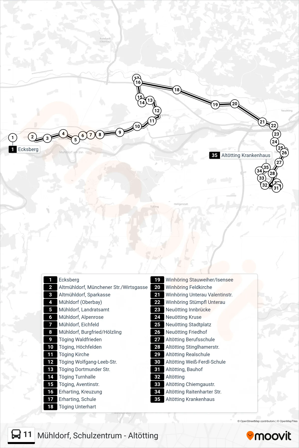 11 bus Line (Altötting, Krankenhaus) route and stops on a map