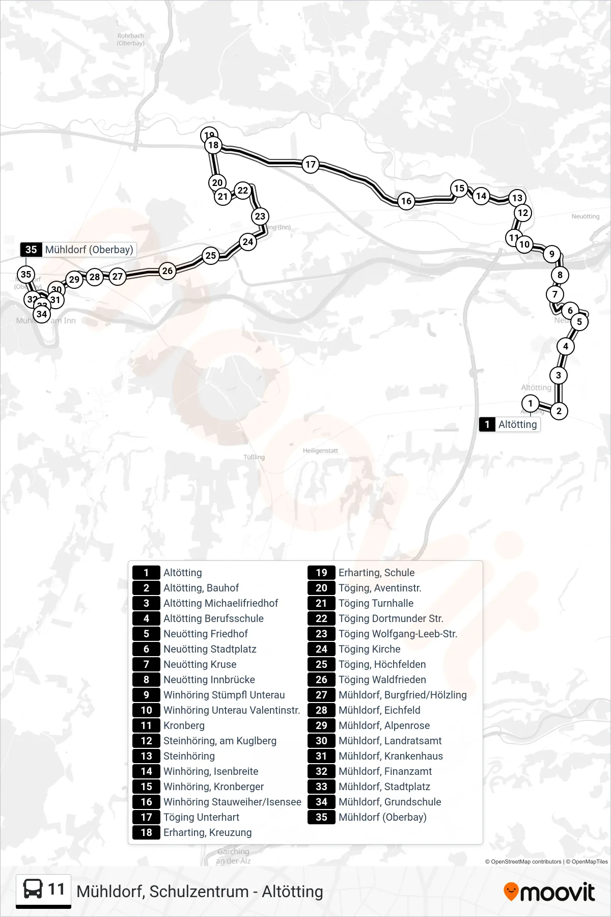 11 bus Line (Mühldorf A.Inn, Bf. (Bahnhofseite)) route and stops on a map