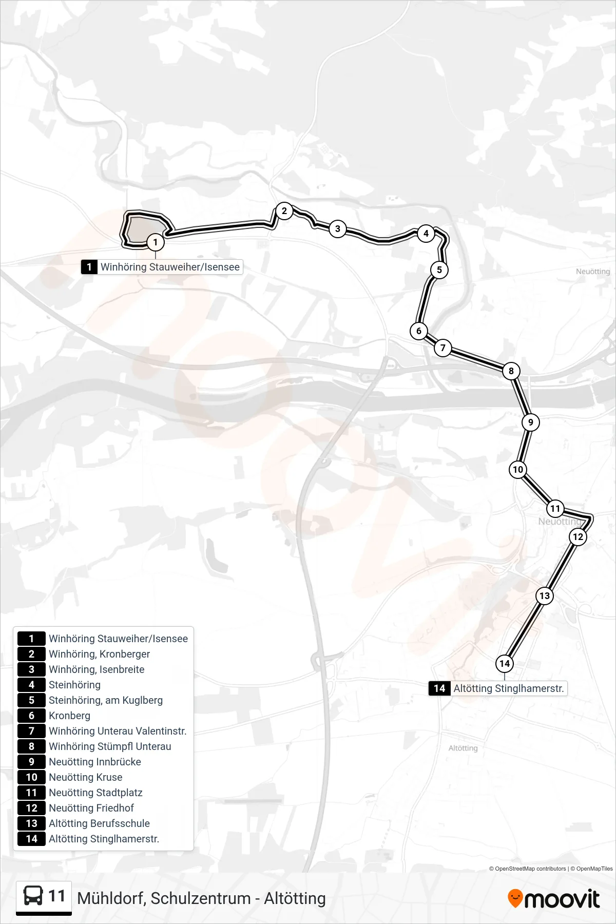 11 bus Line (Altötting, Stinglhamerstr.) route and stops on a map