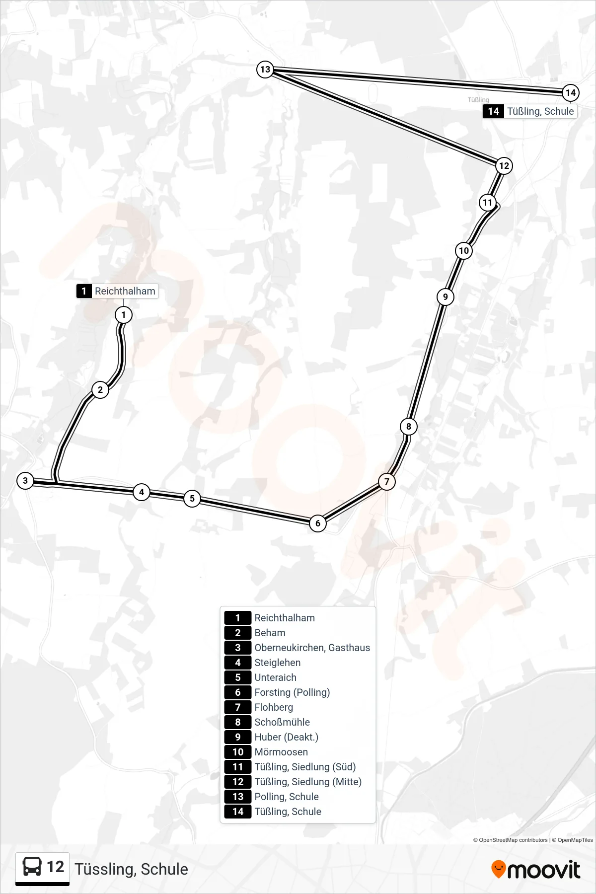 12 bus Line (Tüssling, Schule) route and stops on a map