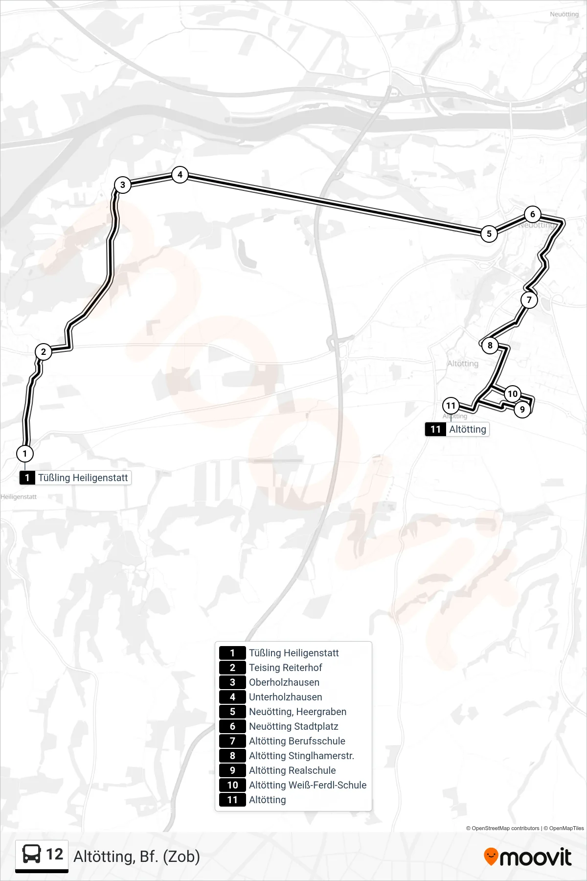 12 bus Line (Altötting, Bf. (Zob)) route and stops on a map