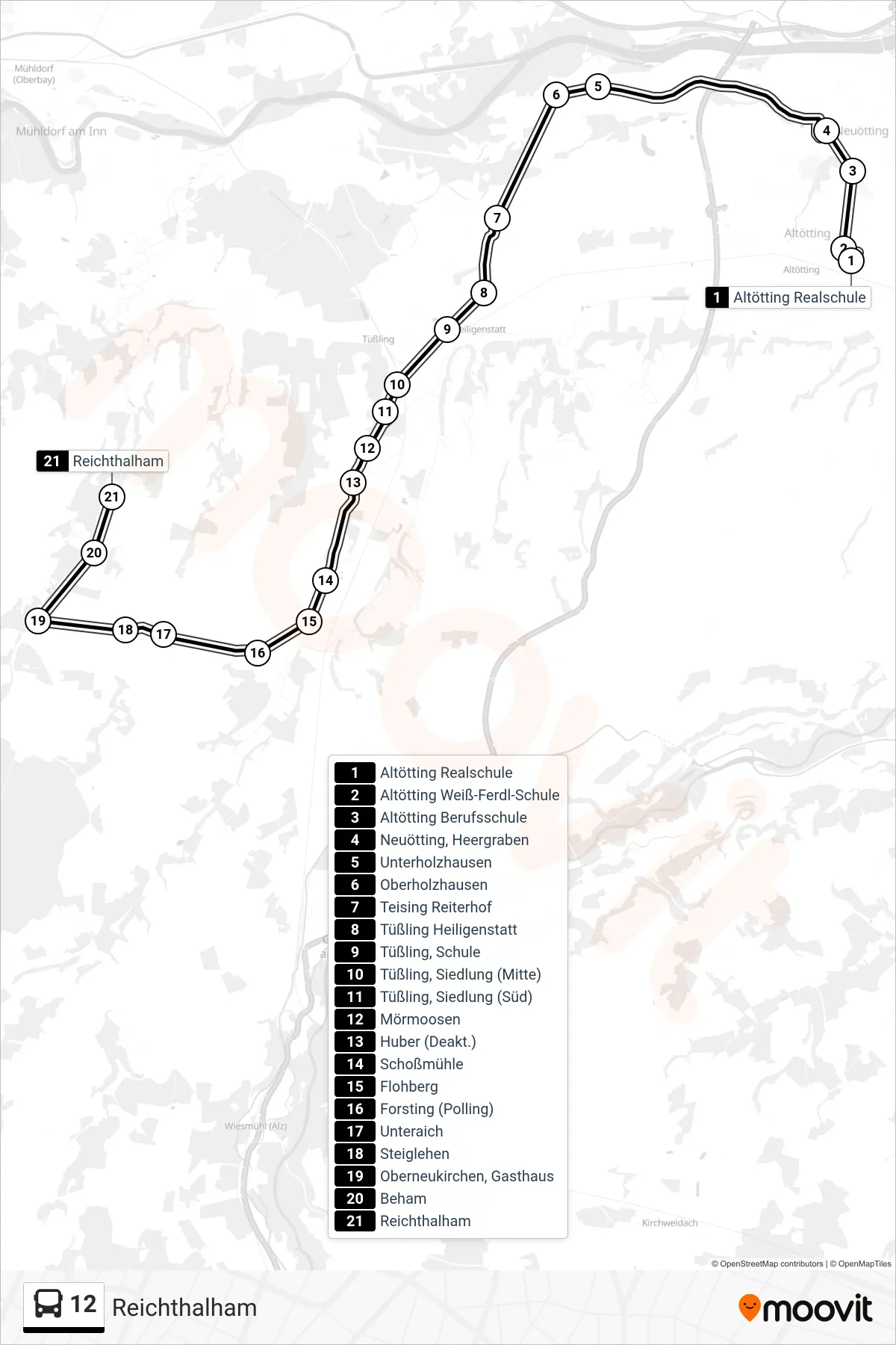 12 bus Line (Reichthalham) route and stops on a map