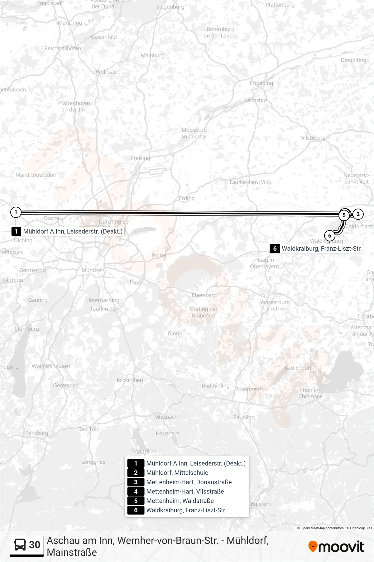 30 bus Line (Waldkraiburg, F.-Liszt-Str.) route and stops on a map