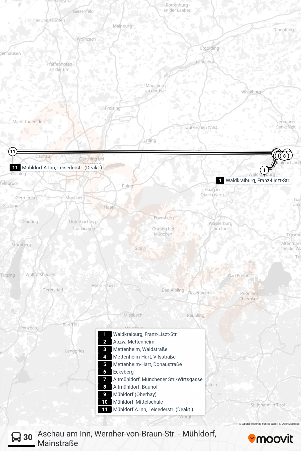 30 bus Line (Mühldorf A.Inn, Leisederstr.) route and stops on a map