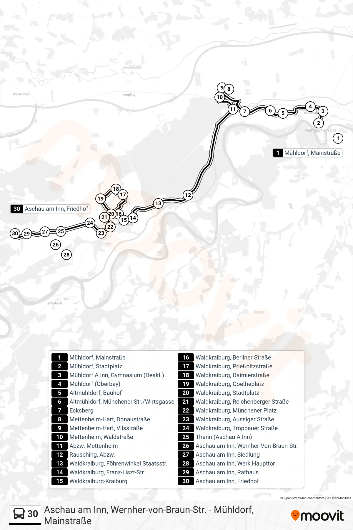 30 bus Line (Aschau, Friedhof) route and stops on a map