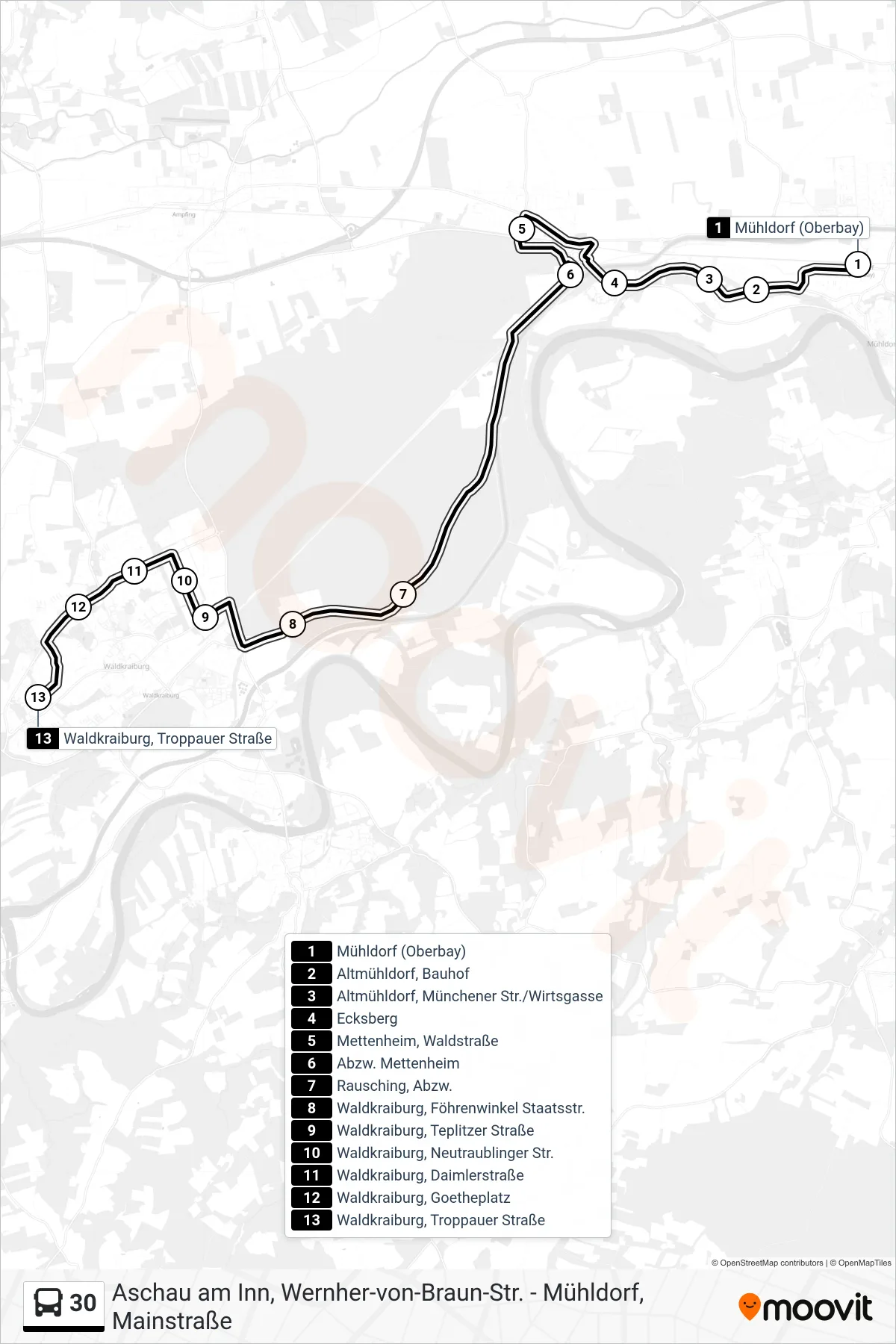 30 bus Line (Waldkraiburg, Troppauer Str.) route and stops on a map