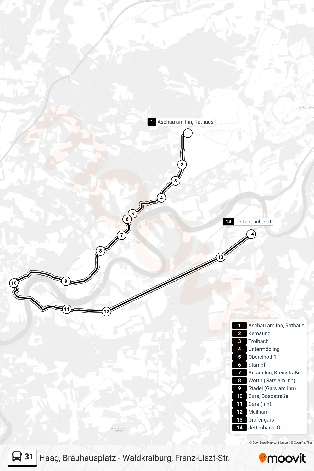 31 bus Line (Jettenbach, Ort) route and stops on a map