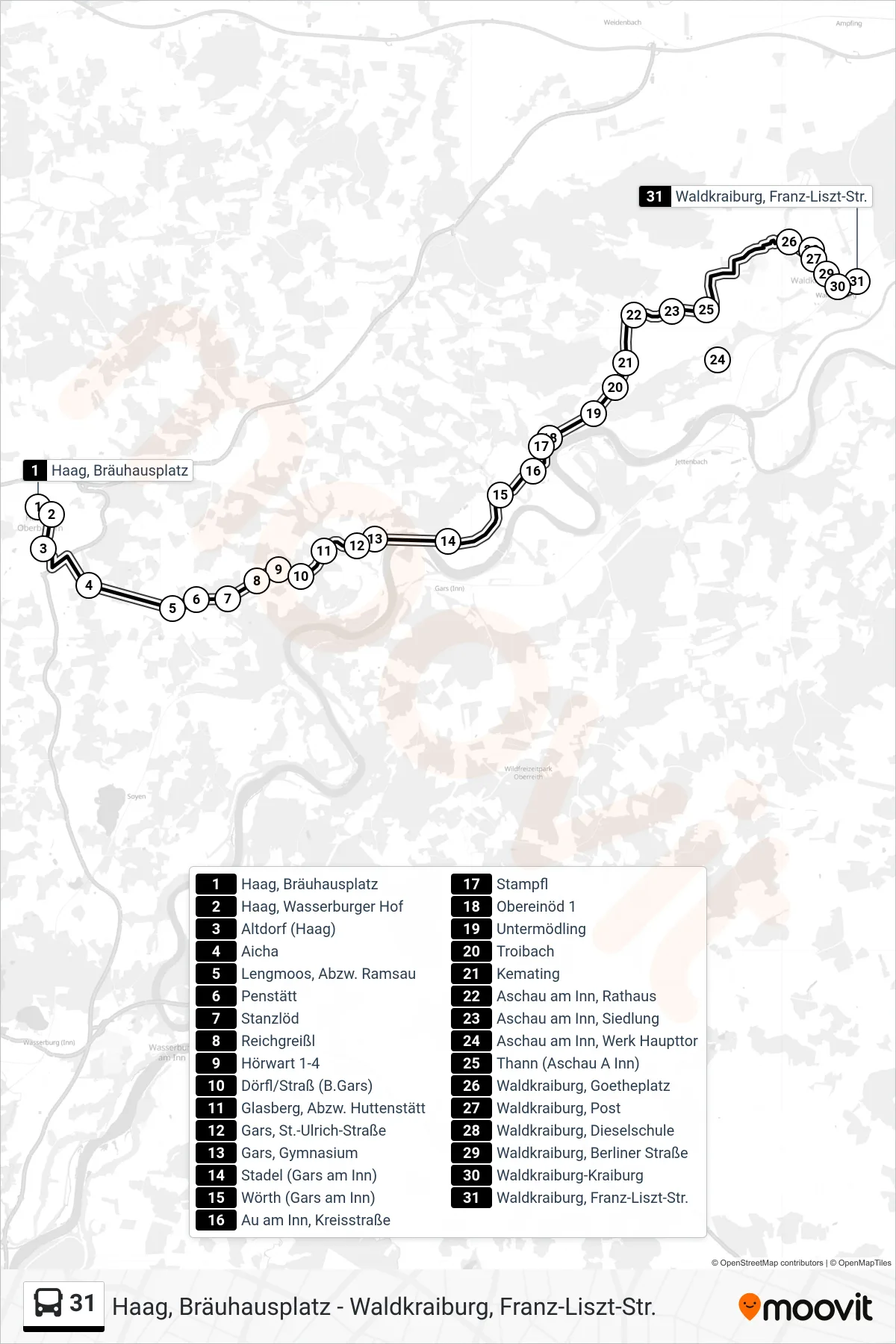 Linie 31 (Bus) Richtung Waldkraiburg, F.-Liszt-Str.: Route und Haltestellen auf der Karte