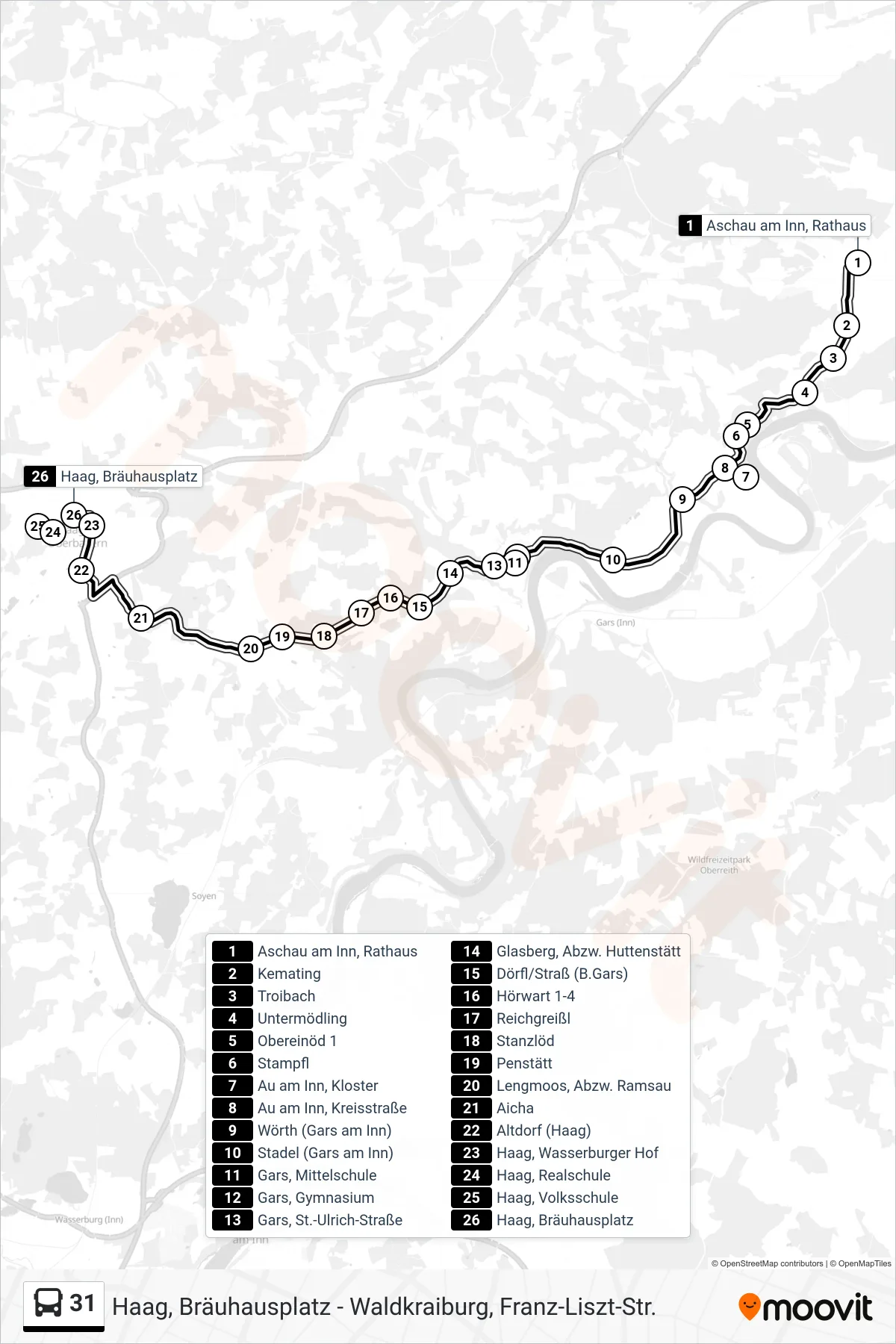 31 bus Line (Haag, Bräuhausplatz) route and stops on a map