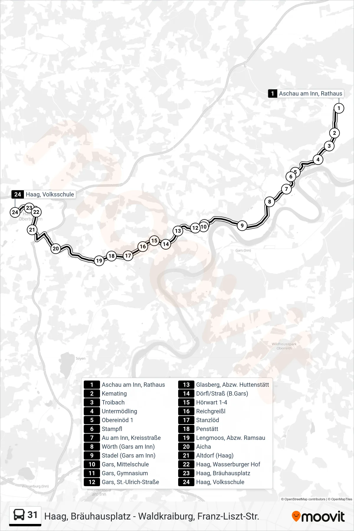 31 bus Line (Haag, Rosenbergschule) route and stops on a map