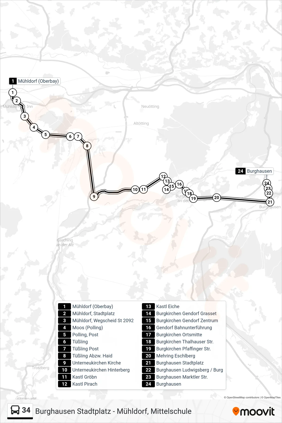 34 bus Line (Burghausen, Bahnhof) route and stops on a map
