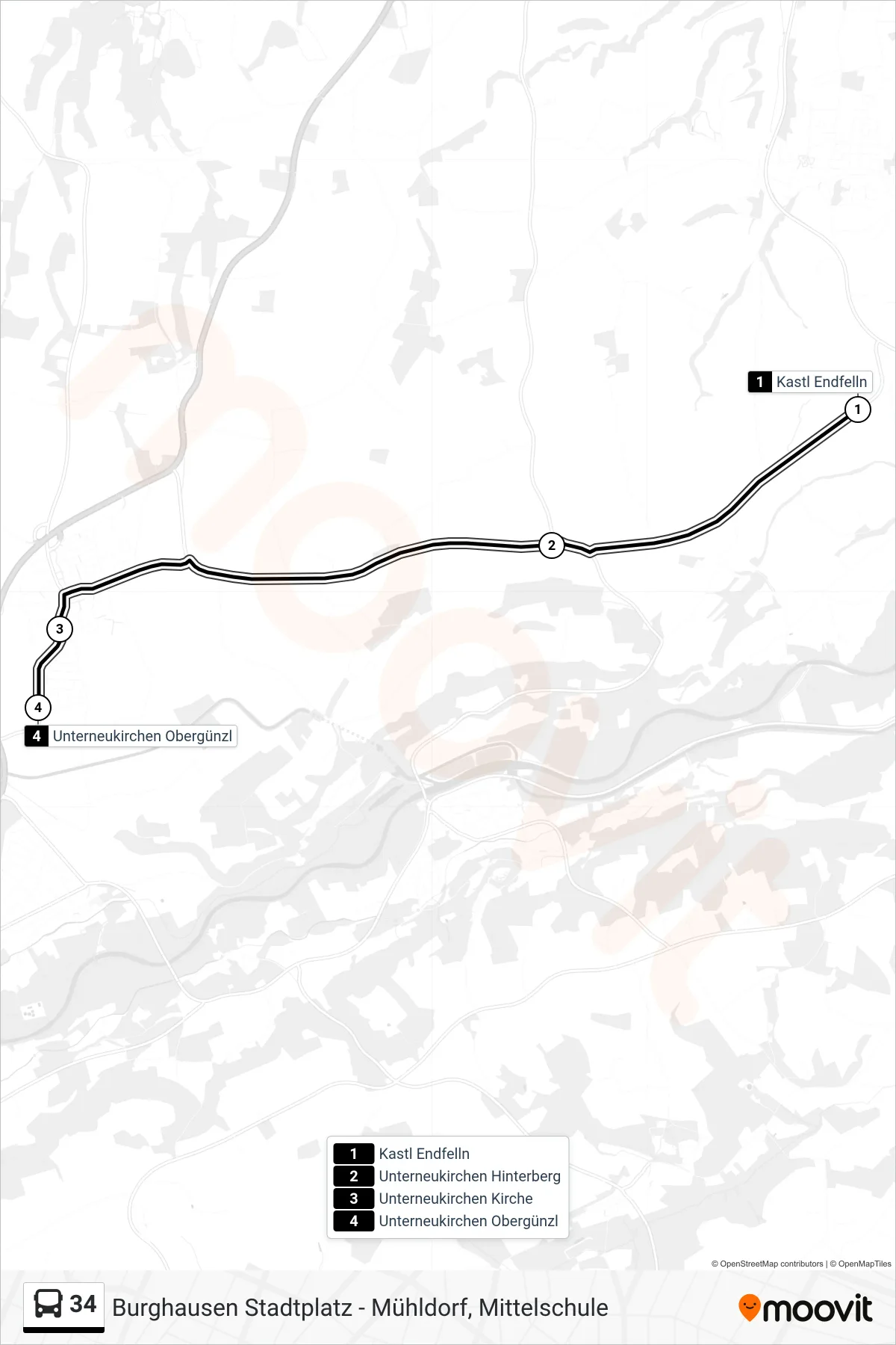 Linie 34 (Bus) Richtung Unterneukirchen, Obergünzl: Route und Haltestellen auf der Karte