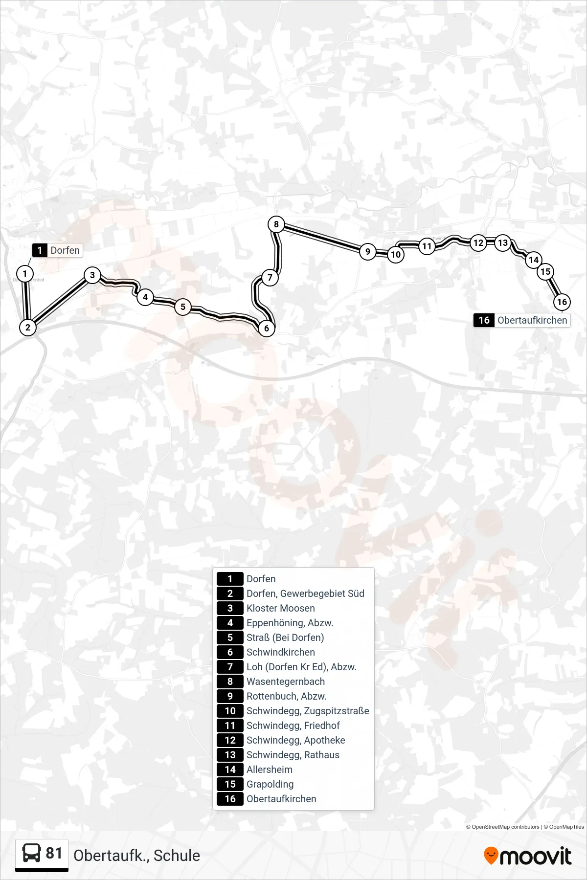 81 bus Line (Obertaufk., Schule) route and stops on a map