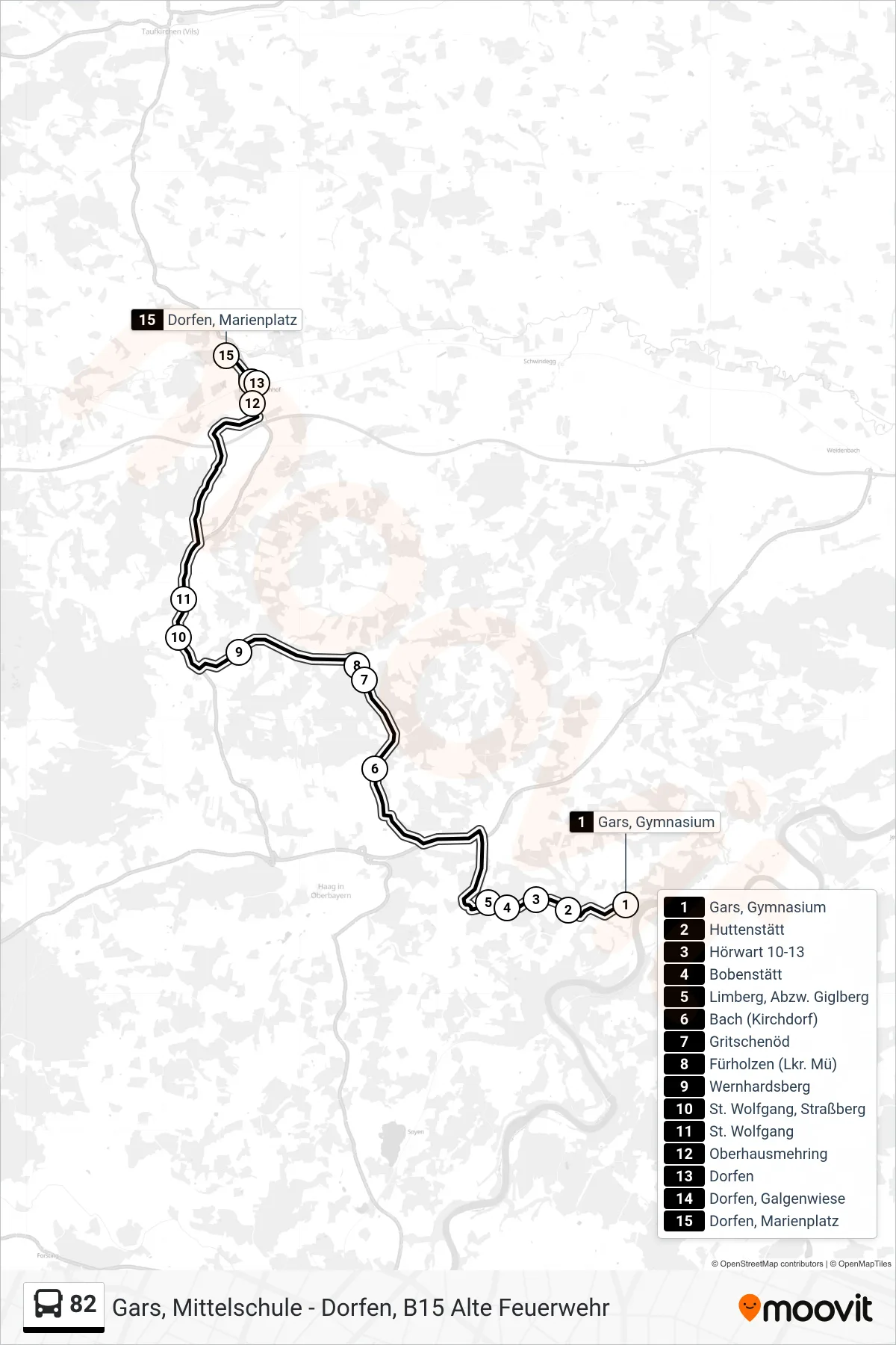 Linie 82 (Bus) Richtung Dorfen, Marienplatz: Route und Haltestellen auf der Karte