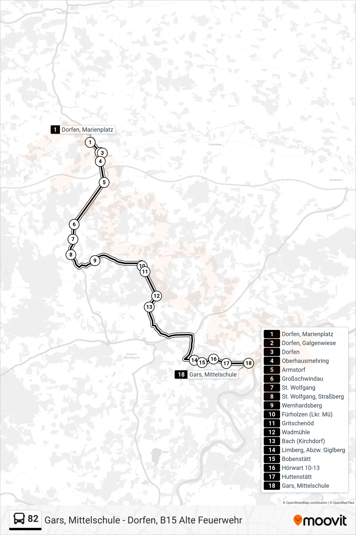82 bus Line (Gars A.Inn, Mittelschule) route and stops on a map
