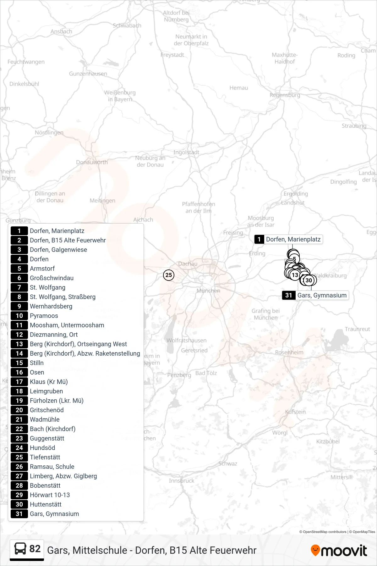 82 bus Line (Gars A.Inn, Gymnasium) route and stops on a map