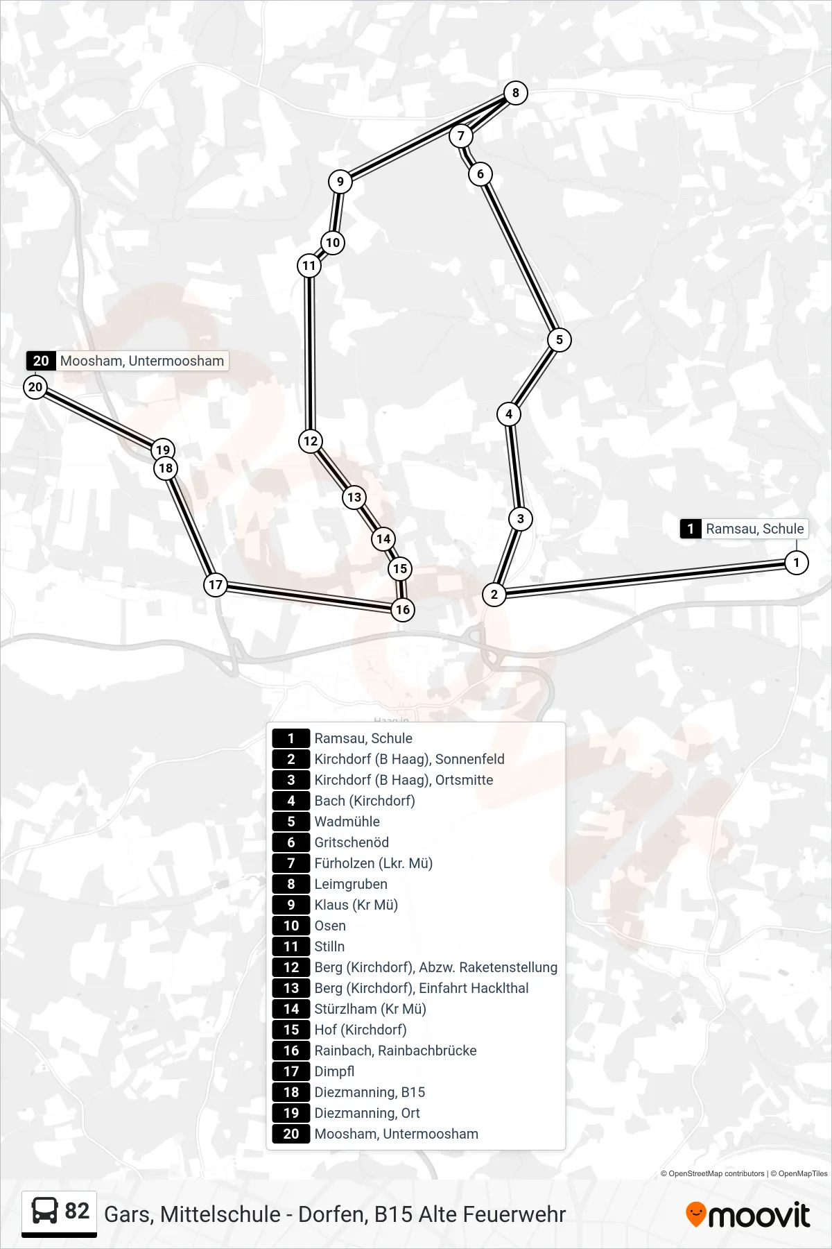 82 bus Line (Moosham) route and stops on a map