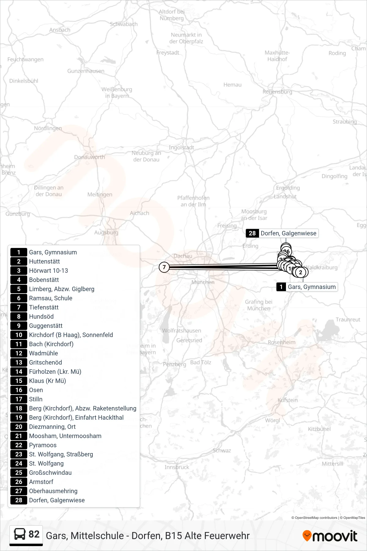 82 bus Line (Dorfen, Galgenwiese) route and stops on a map