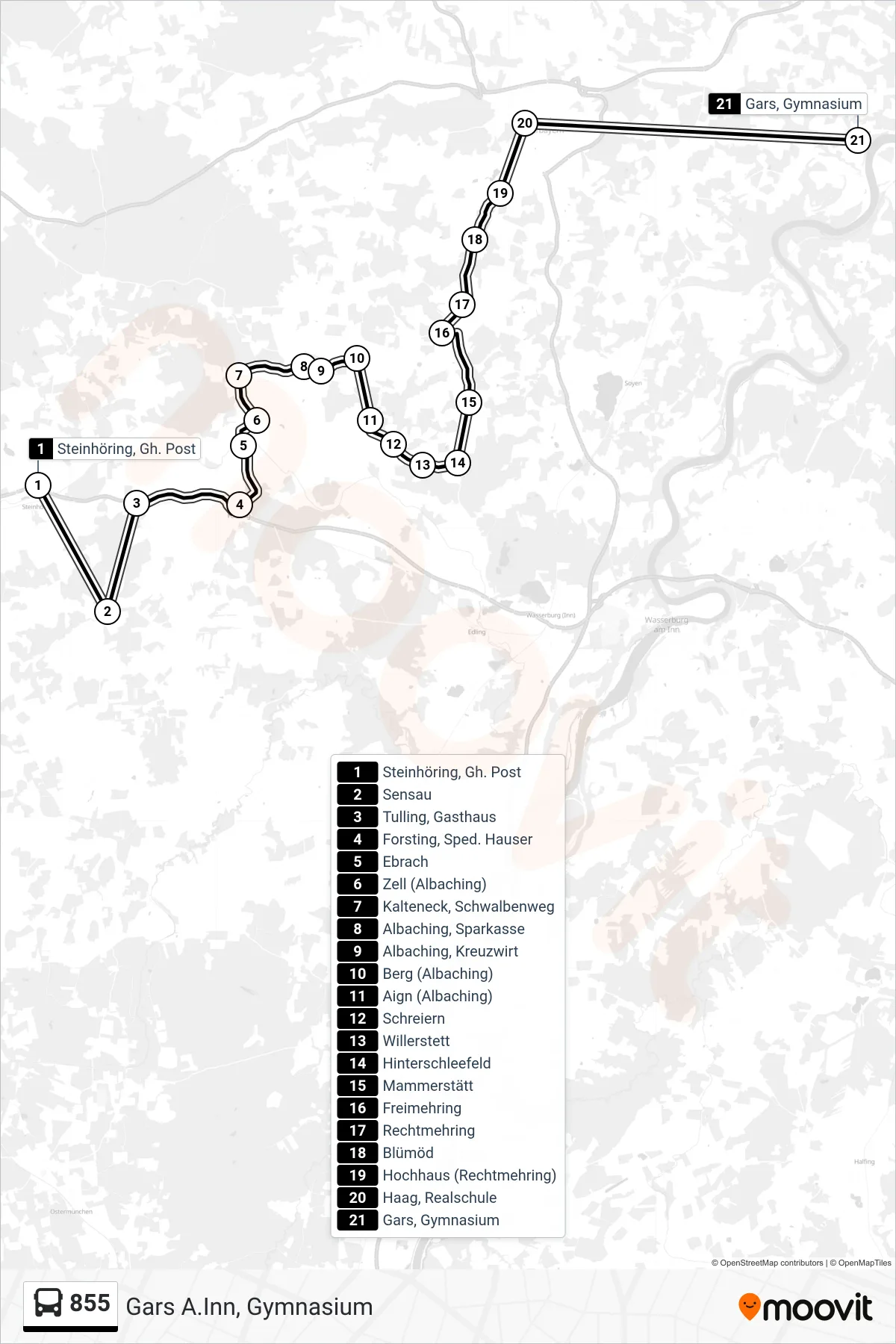 Linie 855 (Bus) Richtung Gars A.Inn, Gymnasium: Route und Haltestellen auf der Karte