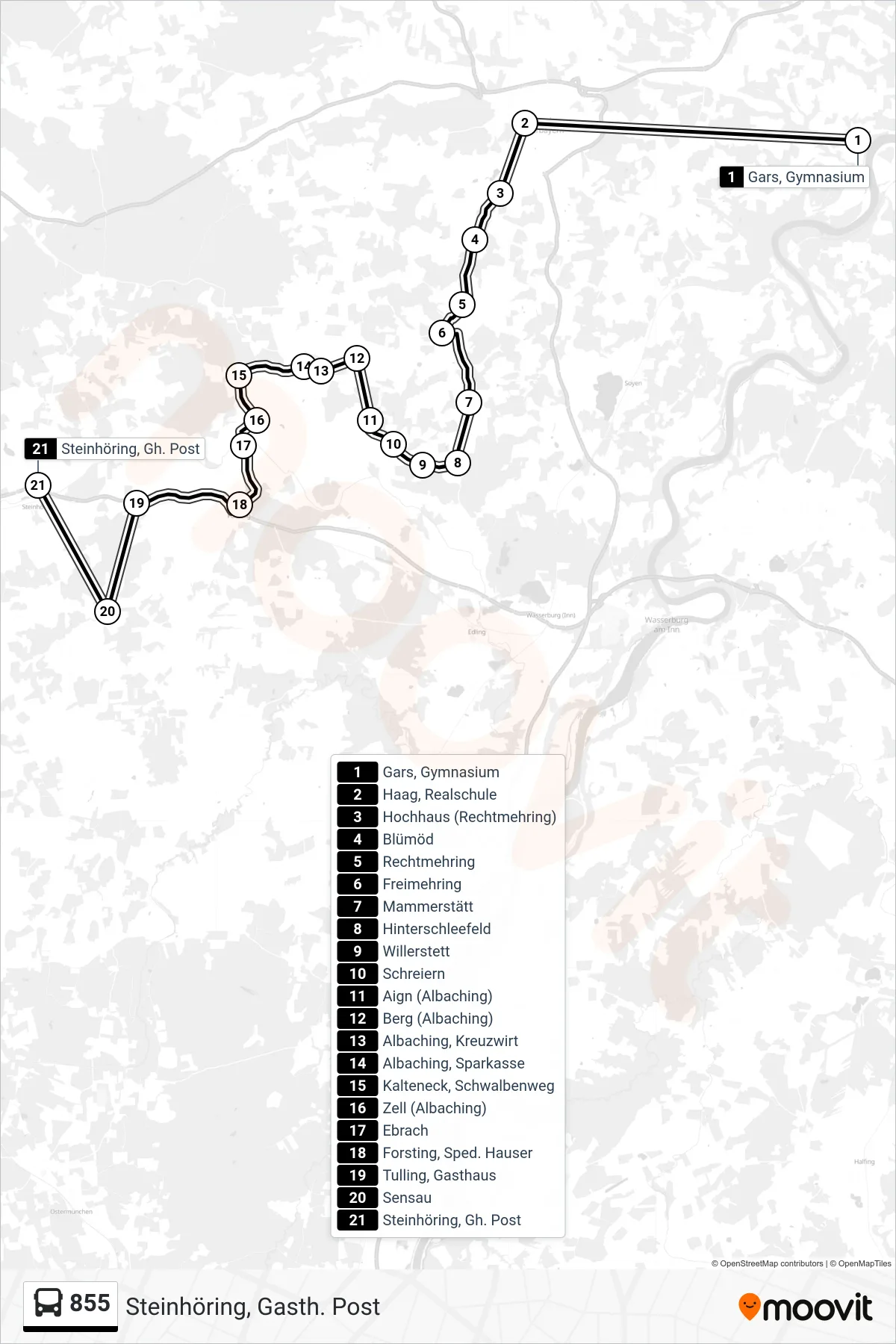 855 bus Line (Steinhöring, Gasth. Post) route and stops on a map
