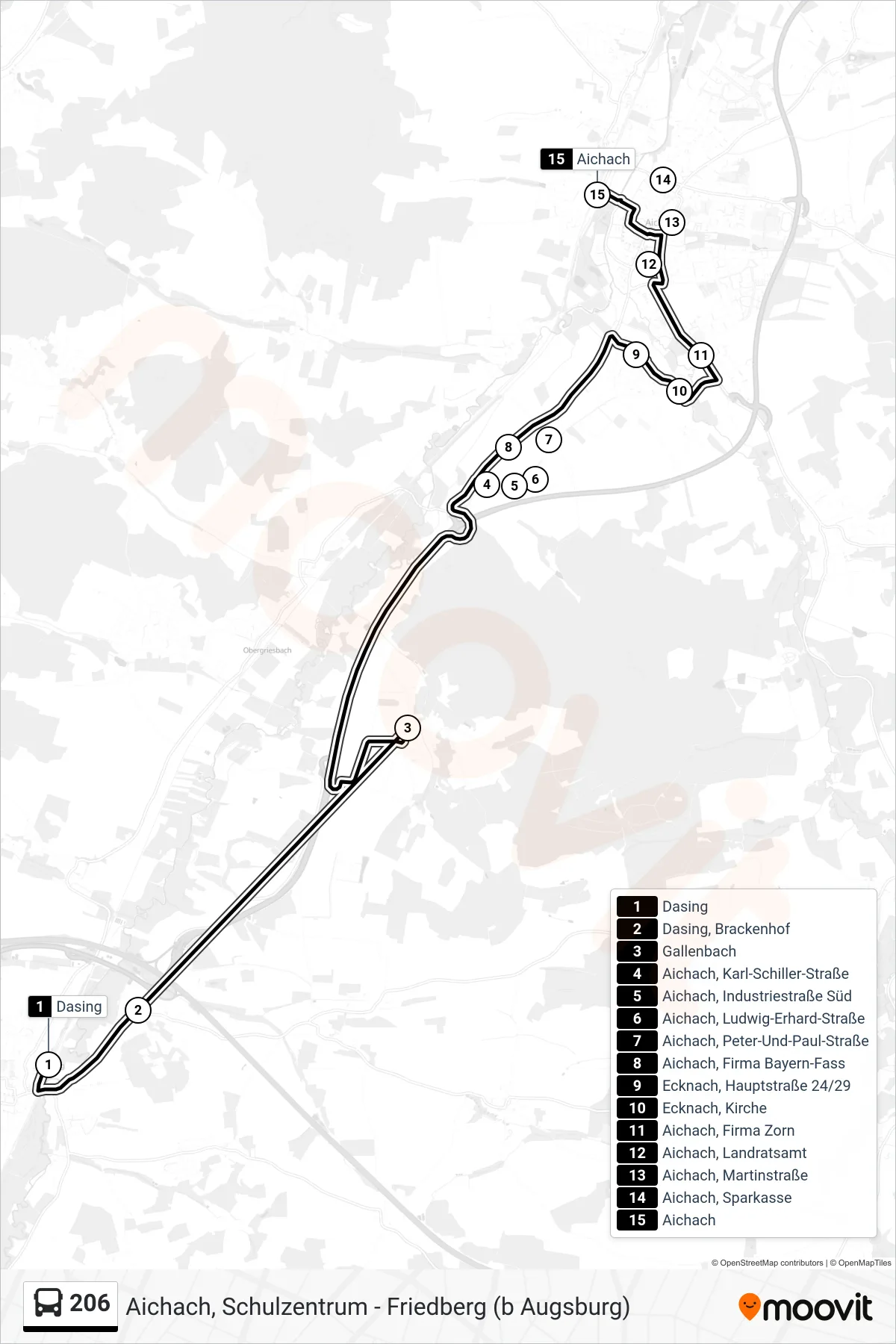 206 bus Line (Aichach) route and stops on a map