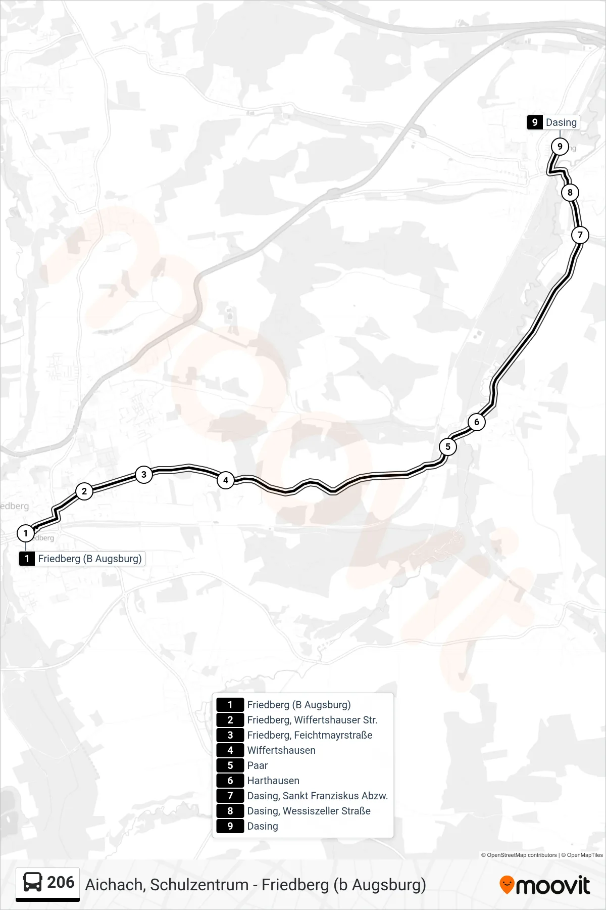 Linie 206 (Bus) Richtung Dasing: Route und Haltestellen auf der Karte