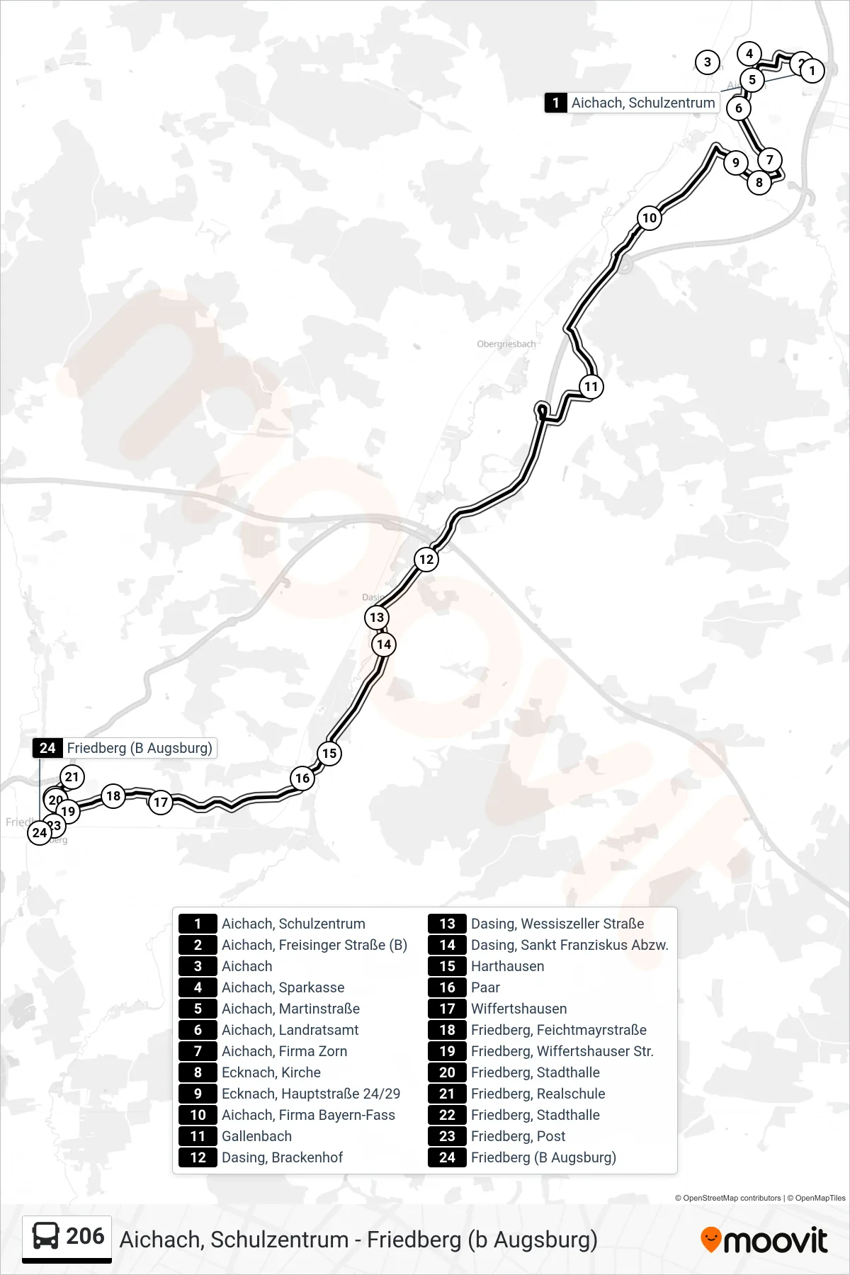 206 bus Line (Friedberg (B Augsburg)) route and stops on a map
