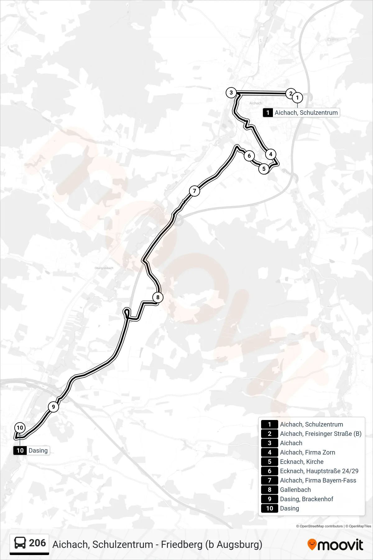 206 bus Line (Dasing) route and stops on a map