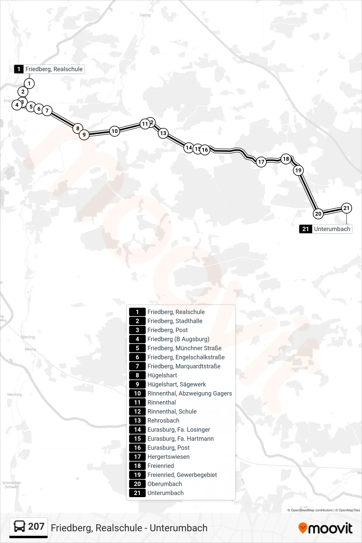 207 bus Line (Unterumbach) route and stops on a map