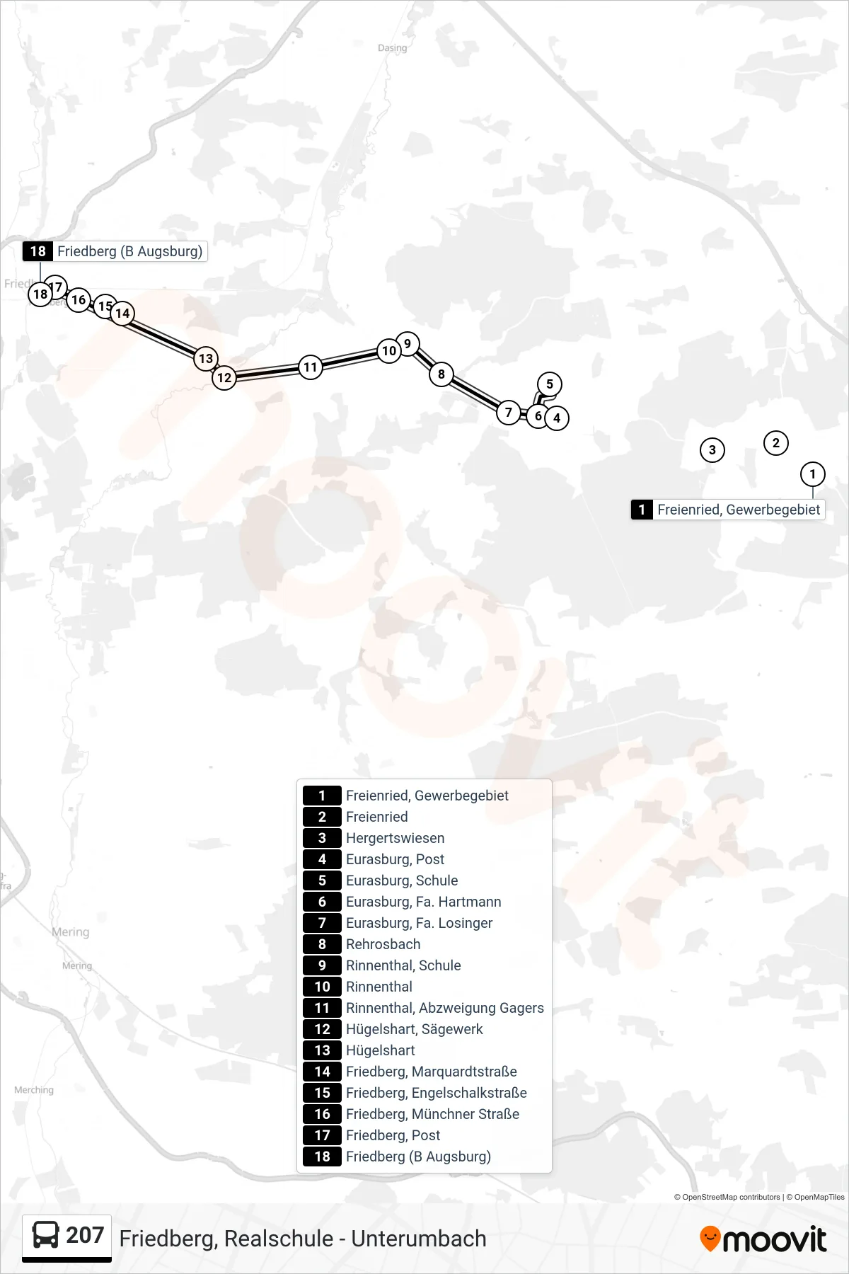 207 bus Line (Friedberg (B Augsburg)) route and stops on a map