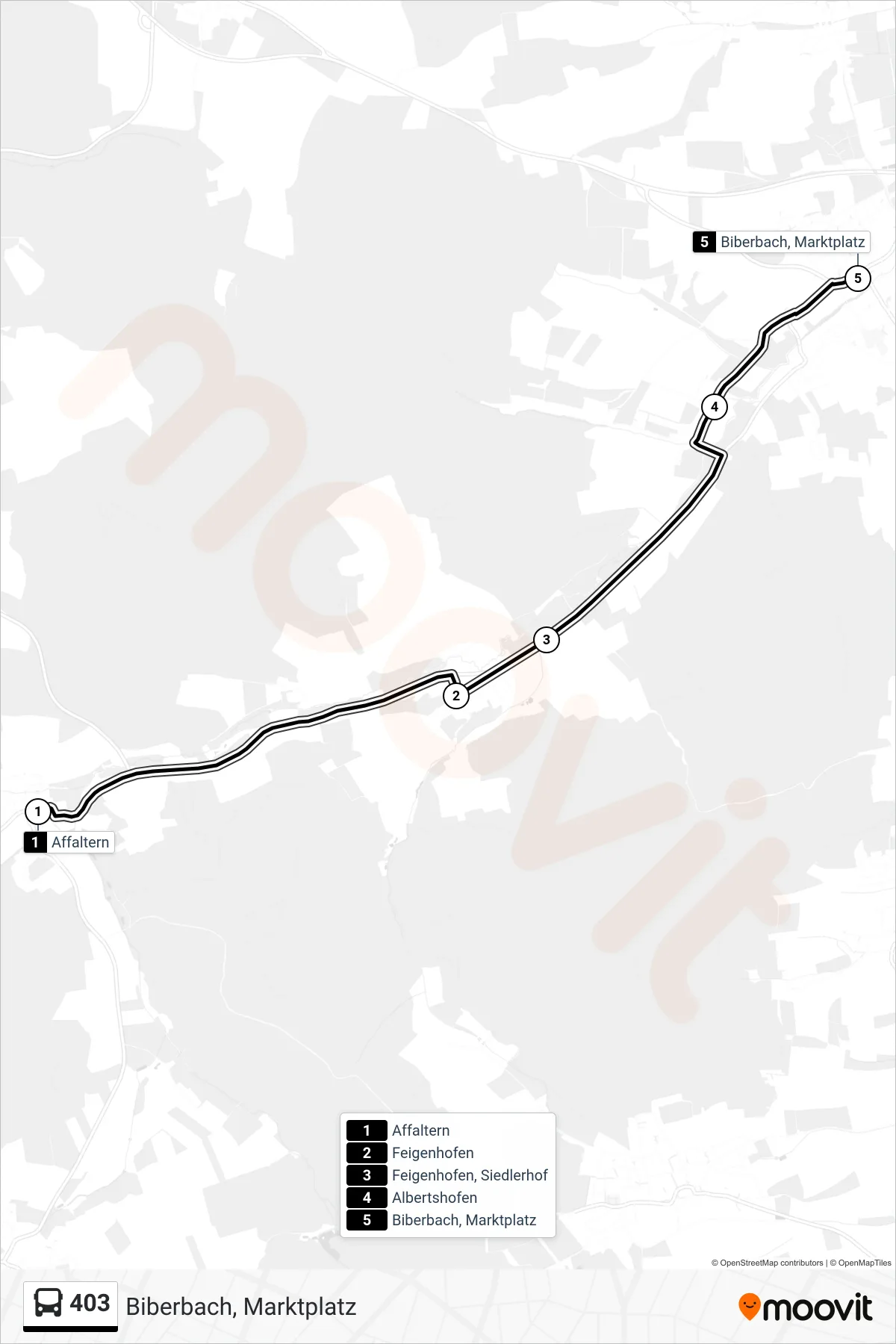 403 bus Line (Biberbach, Marktplatz) route and stops on a map