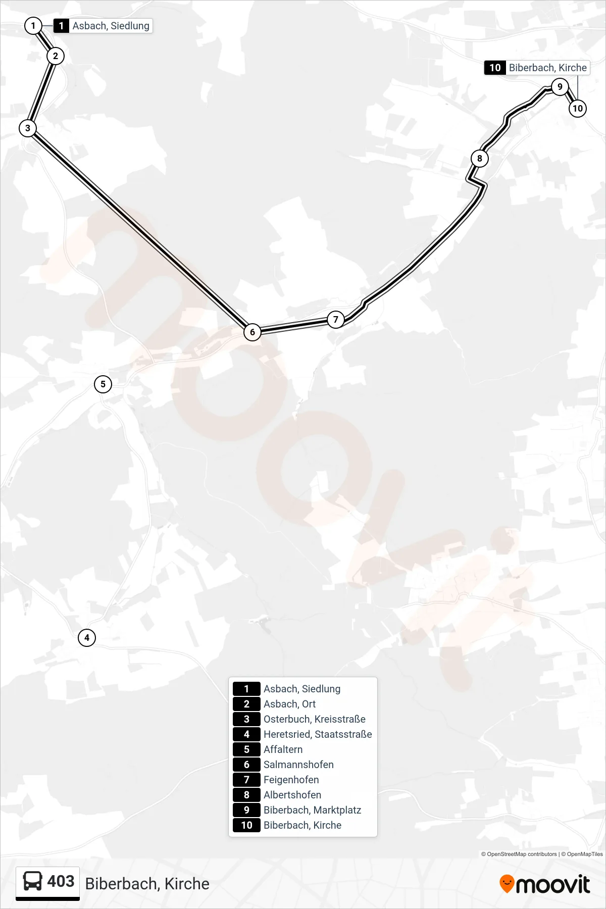 Linie 403 (Bus) Richtung Biberbach, Kirche: Route und Haltestellen auf der Karte