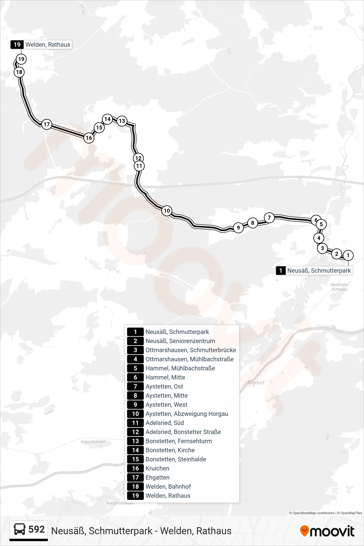 Linie 592 (Bus) Richtung Welden, Rathaus: Route und Haltestellen auf der Karte