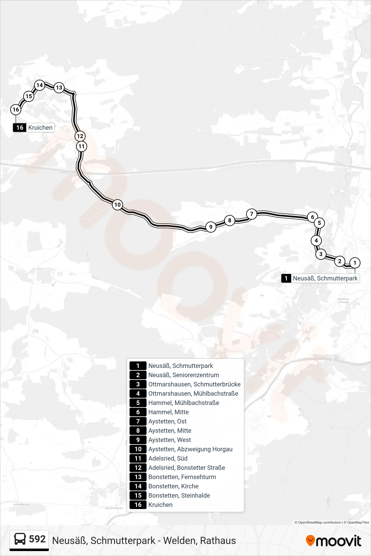 592 bus Line (Kruichen) route and stops on a map